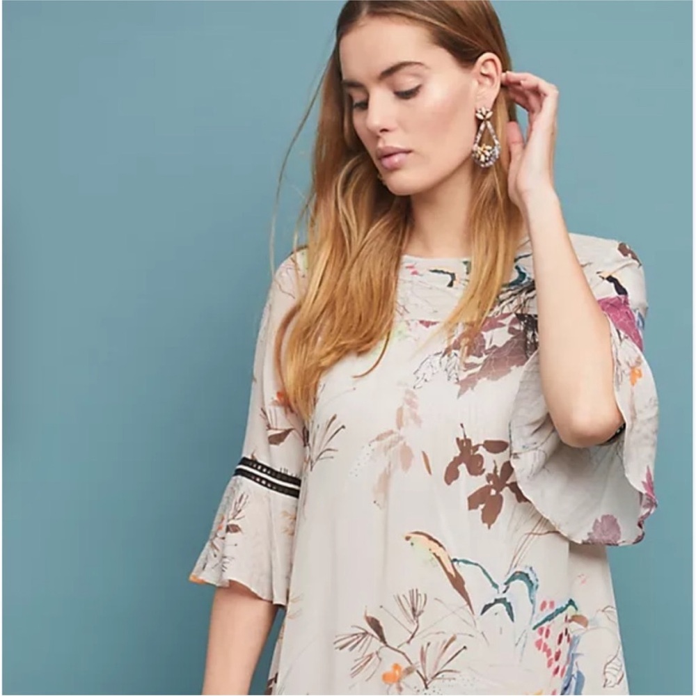 Anthropologie Vineet Bahl Fleur Tunic Dress Medium Floral Bird Print Beige